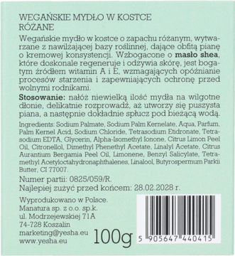 Tył zielonego opakowania wegańskiego mydła różanego Yesha 100g z białym tekstem i kodem kreskowym.