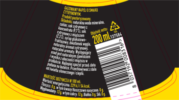 Tył czarnej puszki napoju gazowanego cytrynowego. Widoczne informacje o składzie, kod kreskowy i objętość 200 ml.