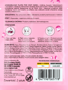 Różowy tył opakowania płatków pod oczy Isana z kofeiną, składem, instrukcją użycia i kodem kreskowym.