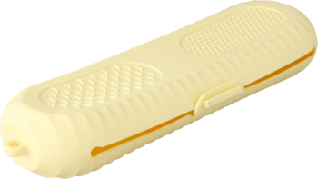 Eloy etui na pędzle w kremowym kolorze, z ryflowaną fakturą i pomarańczowym akcentem, widok z góry i z boku.