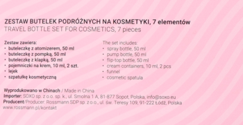 Różowy baner z opisem: zestaw butelek podróżnych Eloy, 7 elementów. Widoczna lista zawartości.