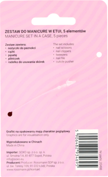 Tył różowego opakowania zestawu do manicure Eloy, 5 elementów, z listą narzędzi i kodem kreskowym.