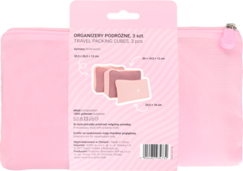 Różowy zestaw organizerów podróżnych Eloy, 3 sztuki, z przezroczystą torbą. Widok z tyłu opakowania.