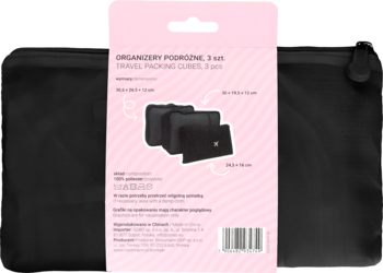 Eloy, 3 czarne organizery podróżne z zamkami, widok z tyłu różowego opakowania z opisem.