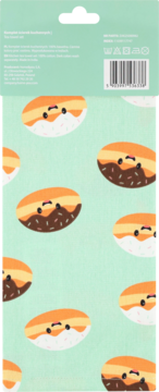 Ręcznik kuchenny miętowy we wzór kawaii pączków z lukrem i uśmiechami, widok z tyłu opakowania produktu.