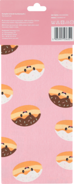 Tył różowego opakowania tekstylnego z wzorem uśmiechniętych pączków, część w czekoladzie, część w lukrze. Z tekstem i kodem.