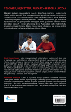 Tylna okładka książki "Człowiek, Mężczyzna, Piłkarz" na czarnym tle. Zdjęcie Błaszczykowskiego i Domagalik.