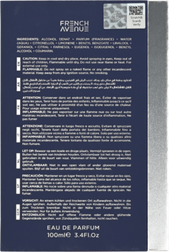 Tył opakowania wody perfumowanej French Avenue 100ml, ciemne z białymi napisami, widoczna lista składników, hologram.