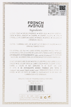 Tył biało-złotego opakowania wody perfumowanej French Avenue Essence De Blanc z listą składników.