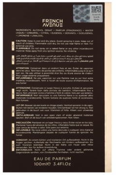 Tył czarnego opakowania French Avenue Liquid Brun Eau de Parfum 100ml, z listą składników i ostrzeżeniami.