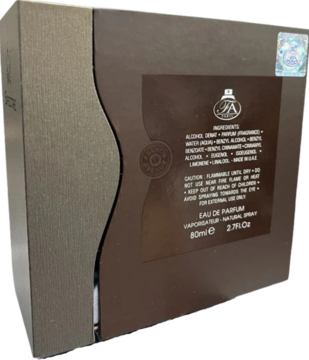 Tył ciemnobrązowego pudełka French Avenue Ghost Spectre 80ml, męska woda perfumowana, widok pod kątem z etykietą.