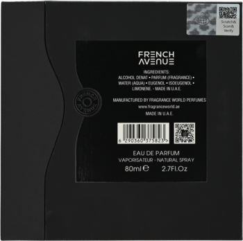 Tył czarnego opakowania wody perfumowanej French Avenue Spectre Wraith 80ml, ze składnikami i hologramem.