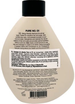 Tył beżowej butelki szamponu Zenz Pure No. 01 z polską etykietą i widocznym składem INCI produktu.