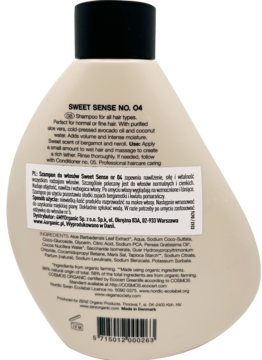 Tył beżowej butelki szamponu Zenz Sweet Sense No. 04 do wszystkich rodzajów włosów, z listą składników.
