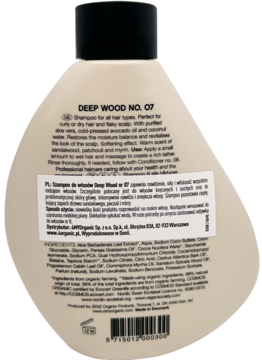 Tył beżowej butelki szamponu Zenz Deep Wood No. 07 do włosów, z tekstem składników i instrukcji.