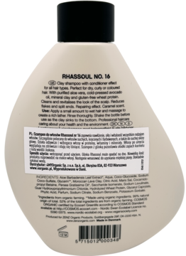 Tył beżowej butelki szamponu Zenz Rhassoul No. 16 z czarną nakrętką, widoczne informacje o składzie i przeznaczeniu.