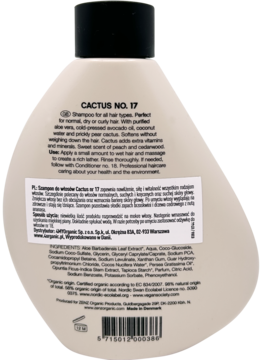 Tył jasnobeżowej butelki szamponu Zenz Cactus No. 17, z czarną nakrętką i czytelną listą składników.