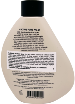 Tył beżowej butelki Zenz Cactus Pure No. 21 odżywki do wszystkich rodzajów włosów, z czytelną etykietą składu.