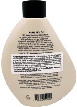 Tył beżowej butelki hipoalergicznej odżywki Zenz Pure No. 02 z aloesem, widoczna etykieta ze składem.