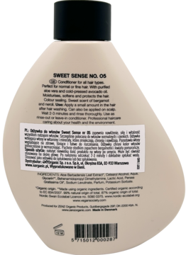 Tył beżowej, owalnej butelki odżywki Zenz Sweet Sense No. 05 z czarną nakrętką i widocznymi etykietami.
