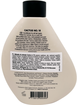 Tył kremowej butelki odżywki Zenz Cactus No. 18 z etykietą, składem naturalnych składników i certyfikacją.