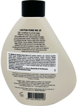 Tył bezzapachowej odżywki Zenz Cactus Pure No. 21 do włosów. Kremowa butelka, czarna zakrętka, widoczne etykiety i skład.