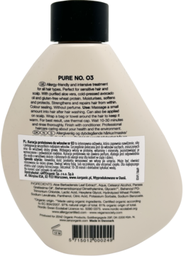 Beżowa butelka Zenz Pure No. 03, tył z czytelnym opisem proteinowej kuracji i listą składników.