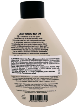 Odżywka Zenz Deep Wood No. 08, tył butelki, off-white, z informacjami o składnikach i metodzie Curly Girl.