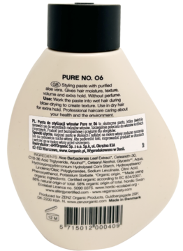 Tył białej butelki Zenz Pure No. 06, pasty do stylizacji włosów, z czarną zakrętką i etykietą ze składem i opisem.