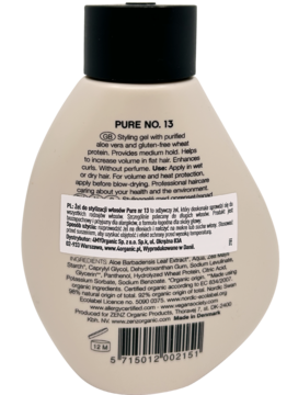 Tył beżowej butelki żelu Zenz Pure No.13, widoczna etykieta ze składem organicznym i opisem.