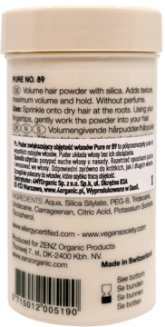 Tył beżowego opakowania Zenz Pure No. 89 Puder zwiększający objętość włosów. Widoczne składniki i instrukcje.