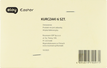 Tył beżowego opakowania eloy Easter 'KURCZAKI 6 SZT.' z tekstem 'artykuł dekoracyjny' i kodem kreskowym.