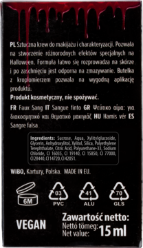 Tył czarnego opakowania sztucznej krwi do makijażu Wibo, z czerwonymi kroplami, składem i 15 ml netto.