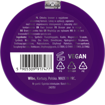 Tył okrągłego, fioletowego bronzera Wibo, z widocznymi składnikami, kodem kreskowym i logo VEGAN.