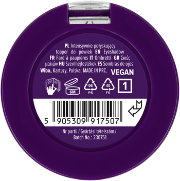 Tył okrągłego, fioletowego opakowania cienia do powiek Wibo, z kodem kreskowym, napisem VEGAN i symbolami recyklingu.