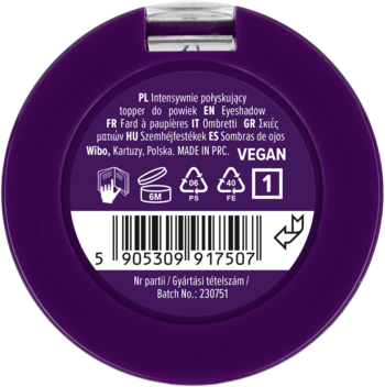 Tył fioletowego, okrągłego opakowania Wibo Rich Witch Eyeshadow, widoczne informacje o produkcie, barcode, VEGAN.