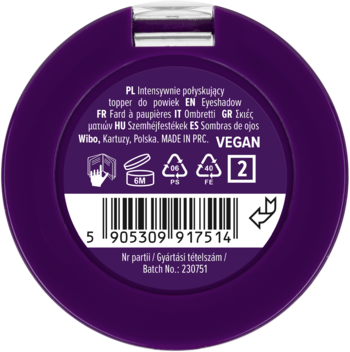 Tył fioletowego, okrągłego opakowania cienia do powiek Wibo, z widocznym kodem kreskowym i napisem VEGAN.