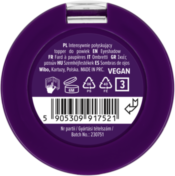Spód okrągłego fioletowego opakowania Wibo Eyeshadow Topper, z tekstem, kodem kreskowym i symbolem VEGAN.