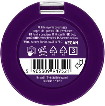 Tył fioletowego, okrągłego opakowania Wibo Rich Witch toppera do powiek z kodem kreskowym i napisem VEGAN.