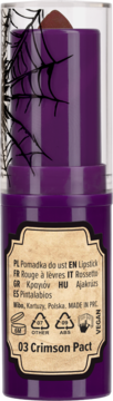 Purpurowa szminka z czarną pajęczyną na przezroczystej nakładce, odcień 03 Crimson Pact, widok z przodu.