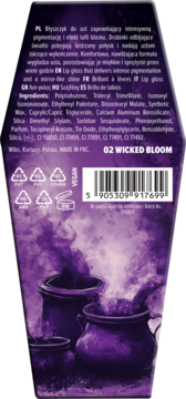 Tył opakowania błyszczyka 02 Wicked Bloom: składniki, kod kreskowy, recykling, fioletowe tło z kociołkami.