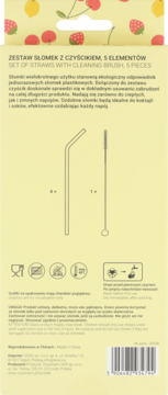 Tył opakowania zestawu 5 elementów: 4 metalowe słomki gięte i 1 czyścik. Widoczne grafiki produktów i instrukcje mycia.