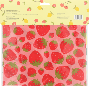 Eloy obrus piknikowy wzór 2, różowy, pokryty czerwonymi truskawkami, w opakowaniu z cytrynami i wiśniami.