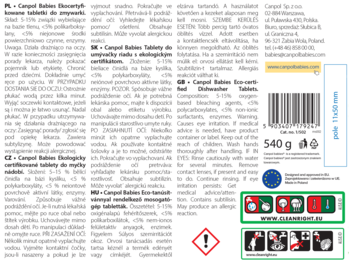 Canpol Babies Ekocertyfikowane tabletki do zmywarki, tył opakowania 540g z wielojęzyczną etykietą i certyfikatem EU Ecolabel.