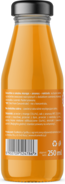 Tył butelki smoothie mango ananas rokitnik z siemieniem lnianym, 250ml. Widoczny skład bez cukru i kod kreskowy.