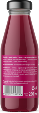 Tył butelki smoothie malina, burak, czarna porzeczka z siemieniem i acerolą. Widoczne składniki, kod kreskowy, 250ml.