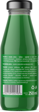 Tył zielonej butelki smoothie aloes, kokos, szpinak, siemię lniane, wit. C, bez cukru. Widoczna etykieta i 250ml.