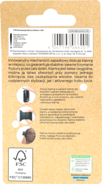 Tył opakowania spinki do włosów z innowacyjnym mechanizmem zapadkowym, instrukcją użycia i logo FSC.