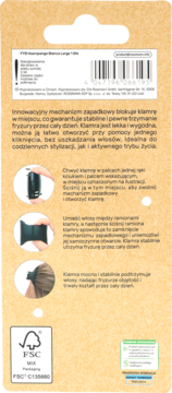 Tył beżowego opakowania klamry do włosów z opisem jej innowacyjnego mechanizmu zapadkowego i zielonym logo FSC.