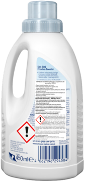 Biała butelka IMPRESAN Frische-Booster 450ml, widok z tyłu z niebieskimi etykietami i symbolami ostrzegawczymi.